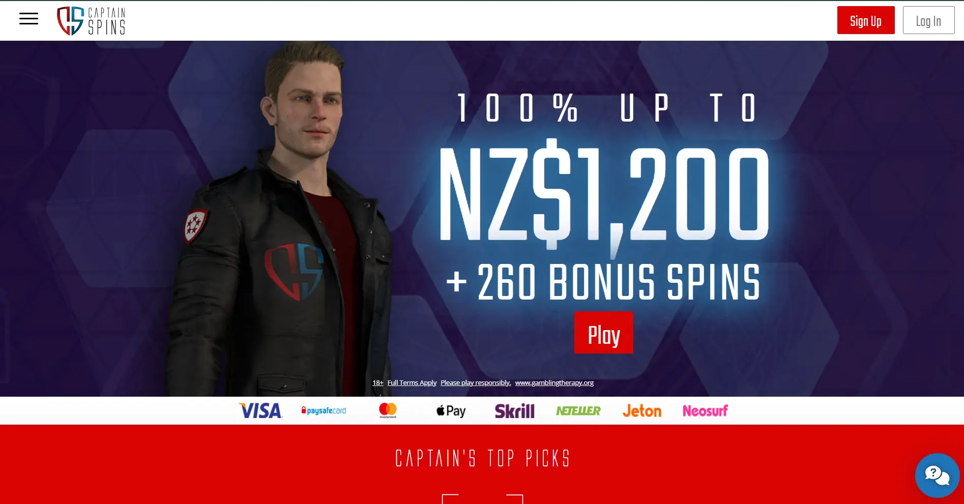 Captain Spins Casino Website - Igaming New Zealand